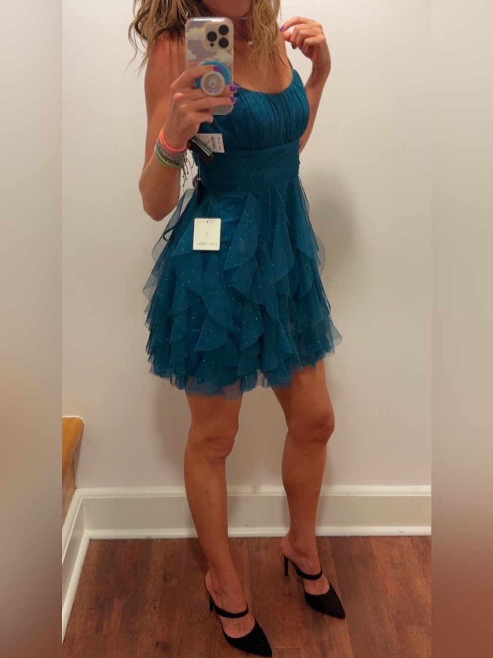 Teal Sparkle Tulle Prom Dress with Strappy Back